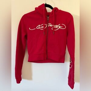 Cropped Ed Hardy Bright Red Hooded Zip Sweatshirt Medium